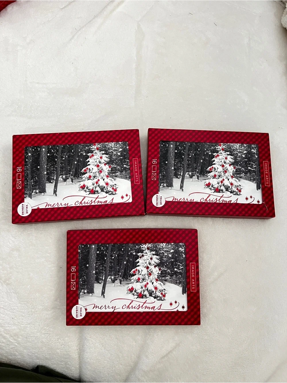 Lot of 3 Christmas Box Cards 16 Cards Each “Merry Christmas” Tree and Snow Print